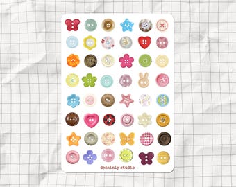Cute Buttons Printable Sticker Sheet | Aesthetic Junk Journal Sticker Sheet | DIY Scrapbook Stickers | A6 48 pcs Button Planner Stickers