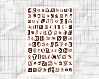 Coffee Alphabet Printable Sticker Sheet | Brown Aesthetic Ransom Letters PNG | Warm Cozy Junk Journal | Cafe Core Planner & Journal Stickers