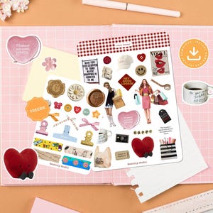 Shopping Retail Therapy Red theme printable sticker sheet with smiley faces, hearts, and fashion items.