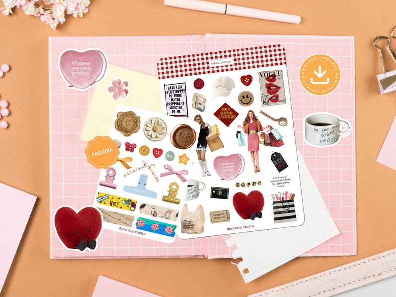 Shopping Retail Therapy Red theme printable sticker sheet with smiley faces, hearts, and fashion items.