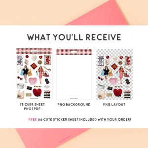 May include: A digital download of a sticker sheet featuring a variety of images, including a woman in a red dress, a heart-shaped pillow, and a coffee cup. The sticker sheet is available in PNG and PDF formats. A free A6 cute sticker sheet is also included.