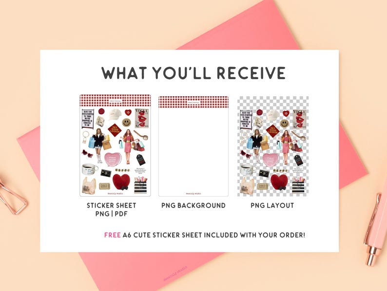 May include: A digital download of a sticker sheet featuring a variety of images, including a woman in a red dress, a heart-shaped pillow, and a coffee cup. The sticker sheet is available in PNG and PDF formats. A free A6 cute sticker sheet is also included.