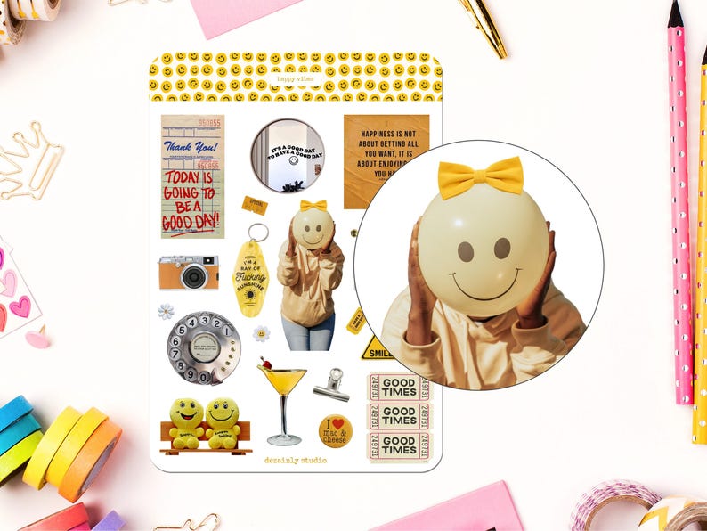 Happy Vibes Junk Journal Sticker Sheet | Printable Aesthetic Stickers ...