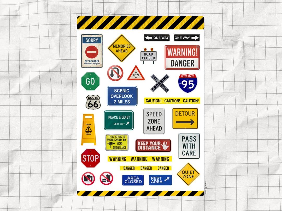 Roadtrip Printable Sticker Sheet | Road Signs & Warnings Stickers ...
