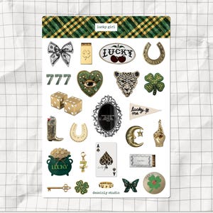 Lucky Girl Charms Printable Sticker Sheet | Aesthetic Cool Luxury Junk Journal Stickers | Good Luck Stickers | Green & Gold Planner Stickers