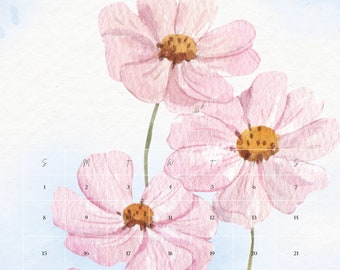 May include: A watercolor calendar for January with pink flowers on a light blue background. The calendar grid shows the days of the week and the numbers 1 through 31.