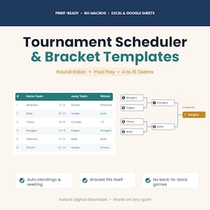 Tävlingsschema och tävlingsschema | Round Robin och poolspel | Automatisk tabellställning och tävlingsschema | Excel och Google Sheets | 4-16 lag