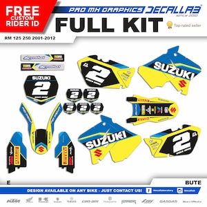 SUZUKI RM 125 250 2001 - 2012 Super Durable MX Graphics Stickers Kit Decallab White / Chrome / Holographic
