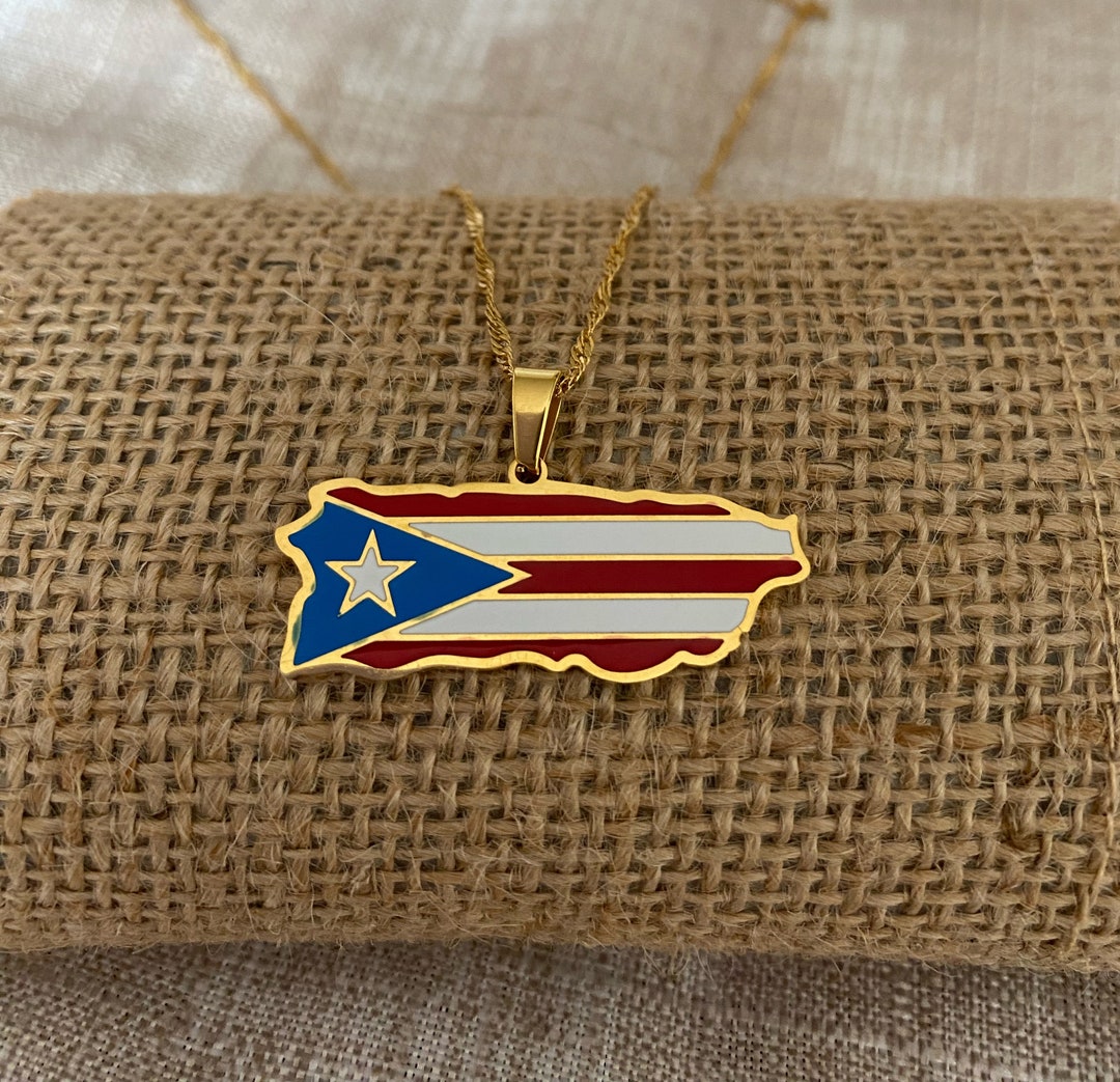 Puerto Rico Map and Flag Chain Gold Plated in Stainless Steel / Puerto Rico Jewelry Gift