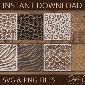 May include: Set of eight digital cut files featuring various animal print patterns. The patterns include zebra, leopard, giraffe, and cheetah. The files are available in SVG and PNG formats. Instant download. Digital Crafts by Nancy.