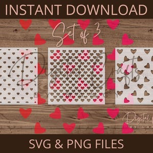Set di 3 modelli di stencil fai da te a forma di cuori senza soluzione di continuità per la creazione di biglietti, scrapbooking e tecniche miste / Download digitale / Design ridimensionabile per Cricut