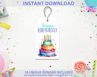 Étiquettes colorées pour cadeaux d'anniversaire : lot de 16 modèles imprimables (téléchargement numérique)