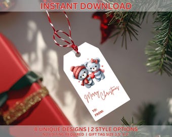 May include: Printable gift tags featuring two gray teddy bears wearing red and white hats and scarves. The bears are holding hands and the text "Merry Christmas" is written in red cursive. The tags are white with a red and white string attached.
