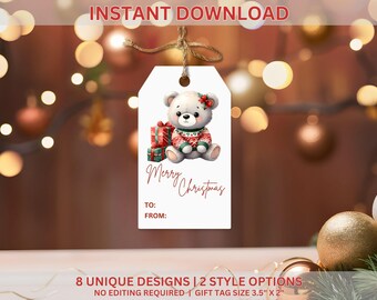 Teddy Bear Christmas Gift Tags | Printable Holiday Tags (PDF, PNG, JPG)