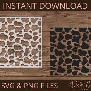 Puede incluir: Dos archivos digitales, uno en blanco y negro y otro en blanco sobre negro, con un patrón de estampado de vaca. Los archivos están disponibles para descarga instantánea y están disponibles en formatos SVG y PNG.  "INSTANT DOWNLOAD" y "SVG & PNG FILES" están escritos en la imagen.