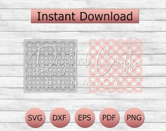 May include: A digital download of a geometric pattern design in black and white and a pink version of the same design. The design is a repeating pattern of circles and ovals. The image also includes the words "Instant Download" and the file types "SVG, DXF, EPS, PDF, PNG".