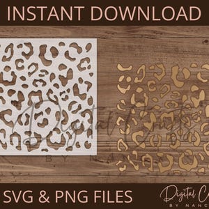 May include: A digital download of two leopard print designs. One design is a white silhouette on a brown background, and the other is a brown silhouette on a white background. The text "INSTANT DOWNLOAD" is at the top of the image. The text "SVG & PNG FILES" is at the bottom of the image. The text "Digital Crafts by Nancy" is at the bottom right of the image.