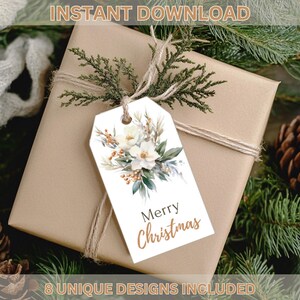Conjunto de 8 etiquetas de presente festivas de flores silvestres verdes e douradas | Etiquetas de Natal criativas personalizadas | Digital para download | Etiquetas de Natal para impressão