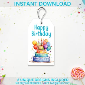 Set mit 8 hellen und lustigen Geburtstagsgeschenkanhängern - lebendige druckbare Anhänger für Partydekorationen, fröhlich und auffällig als digitaler Download