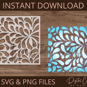 May include: Two square digital designs with a floral pattern. One is white, the other is a blue floral design. The words "INSTANT DOWNLOAD" are at the top, and "SVG & PNG FILES" are at the bottom. The design is on a wooden background.