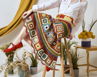 TAWANANNA - Anatolian Colorful Granny Square Hand Crocheted A-Line Maxi Boho Skirt, Mother's Day Gift