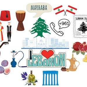 May include: A collection of illustrated icons representing Lebanese culture. Includes a red fez, a drum, the word "Marhaba", Lebanese flags, a phone, a stamp, a coin, a coffee cup, pomegranates, baklava, a coffee pot, the phrase "I Love Lebanon", a hookah, figs, olive oil, and a building.