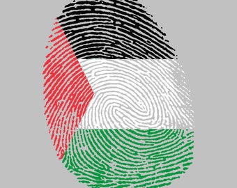 May include: A fingerprint design with the colors of the Palestinian flag: red, white, black, and green.
