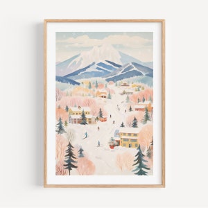 Whitespace downhill skiën aquarel berg woondecoratie, winter kunst aan de muur, sneeuw aquarel housewarming cadeau