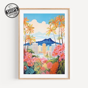 Honolulu Watercolor Art Print Hawaii Travel Art Wall Decor Travel Gift City Illustration