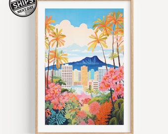 Honolulu Watercolor Art Print Hawaii Travel Art Wall Decor Travel Gift City Illustration