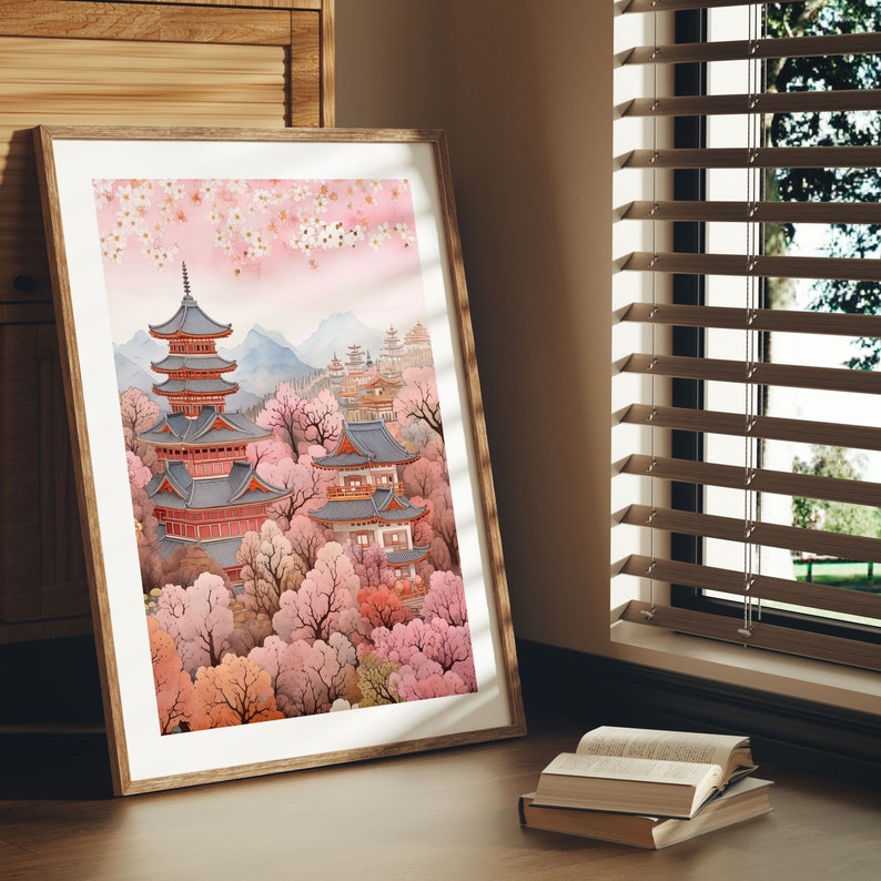 May include: A framed watercolor painting of a Japanese temple surrounded by pink cherry blossom trees. The temple is a multi-tiered structure with a red roof and white walls. The cherry blossoms are in full bloom and create a beautiful pink cloud around the temple.