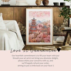 May include: A watercolor painting of a Japanese temple surrounded by cherry blossom trees. The temple is a multi-story pagoda with a red roof and white walls. The cherry blossoms are in full bloom, with pink petals falling from the trees. The painting is set against a backdrop of mountains and a blue sky.