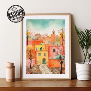 Santa Fe New Mexico Aquarell Kunstdruck Modernes Reisegeschenk für das zeitgemäße Zuhause Einweihungsgeschenk