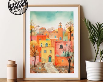 Santa Fe New Mexico Watercolor Art Print Modern Travel Gift for Contemporary Home Housewarming Gift