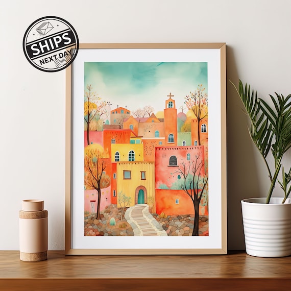 Santa Fe Watercolor Art Print, New Mexico Travel Illustration