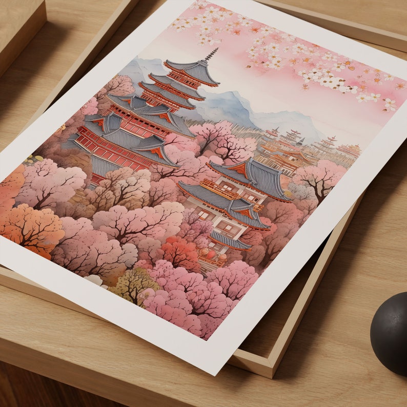 May include: A watercolor painting of a Japanese temple with cherry blossoms in bloom. The temple is a multi-tiered structure with red and blue accents. The cherry blossoms are pink and white and are scattered throughout the painting.