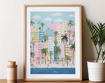 Miami Coastal Decor Watercolor Trendy Art Print Modern Travel Gift
