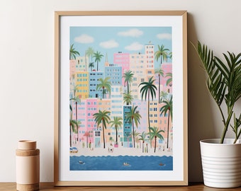 May include: A colorful illustration of a city skyline with palm trees and a beach. The buildings are painted in shades of pink, blue, yellow, and green. The beach is white with blue water and small boats.