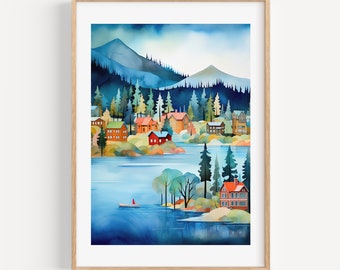 Lake Tahoe Watercolor Art Print, California Landscape Giclee
