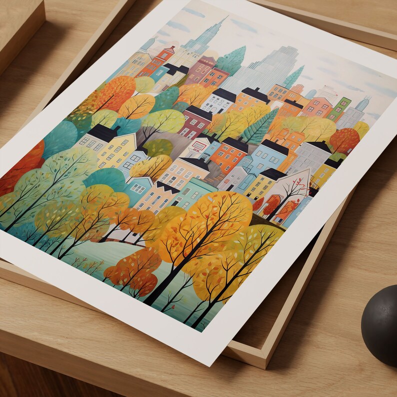 May include: A colorful illustration of a city skyline with buildings and trees. The buildings are painted in shades of blue, green, and yellow, and the trees are painted in shades of green, yellow, and orange. The illustration is done in a whimsical style, with rounded edges and simple shapes.
