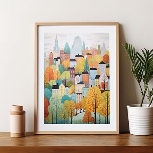May include: A colorful painting of a city skyline with buildings and trees in shades of blue, green, yellow, orange, and red. The buildings are clustered together and appear to be on a hill. The trees are in the foreground and are in various shades of green and yellow.