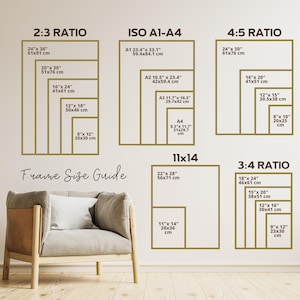 May include: A chart with a gold border showing different frame sizes in inches and centimeters for various aspect ratios, including 2:3, 4:5, 3:4, and ISO A1-A4. The chart is labeled "Frame Size Guide".