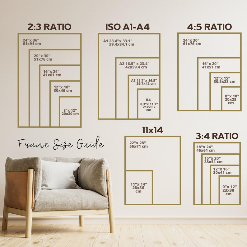 May include: A chart with a gold border showing different frame sizes in inches and centimeters for various aspect ratios, including 2:3, 4:5, 3:4, and ISO A1-A4. The chart is labeled "Frame Size Guide".