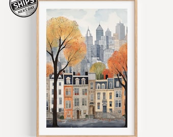 Lámina artística en acuarela de Filadelfia, cuadro decorativo con paisaje urbano.