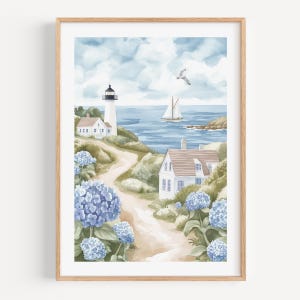 Impression d&#39;art peinture aquarelle Cape Cod, scène de plage art mural bord de mer décoration maison de plage oeuvre de fleurs sauvages