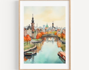 May include: A watercolor painting of a cityscape with a river running through it. The buildings are in the background, and there are trees lining the riverbanks. There are two boats on the river, one in the foreground and one in the middle distance.