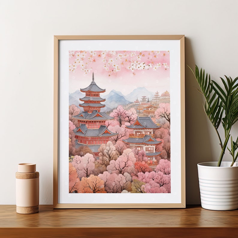 May include: A watercolor painting of a Japanese temple surrounded by cherry blossom trees. The temple is a multi-tiered pagoda with a red roof and gray walls. The cherry blossoms are in full bloom, with pink petals covering the trees and the ground.
