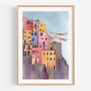 Cinque Terre Wall Art Print Italian Village Home Decor Framed Coastal Poster Pastel Houses Travel Gift