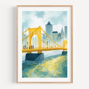 Clemente Bridge Watercolor Print: Framed Pittsburgh City Wall Art for Living Room or Office