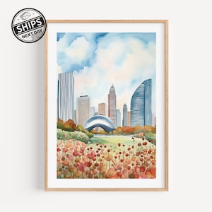 Stampa artistica moderna ad acquerello "Chicago The Bean", regalo da viaggio moderno per la casa contemporanea, regalo di inaugurazione della casa
